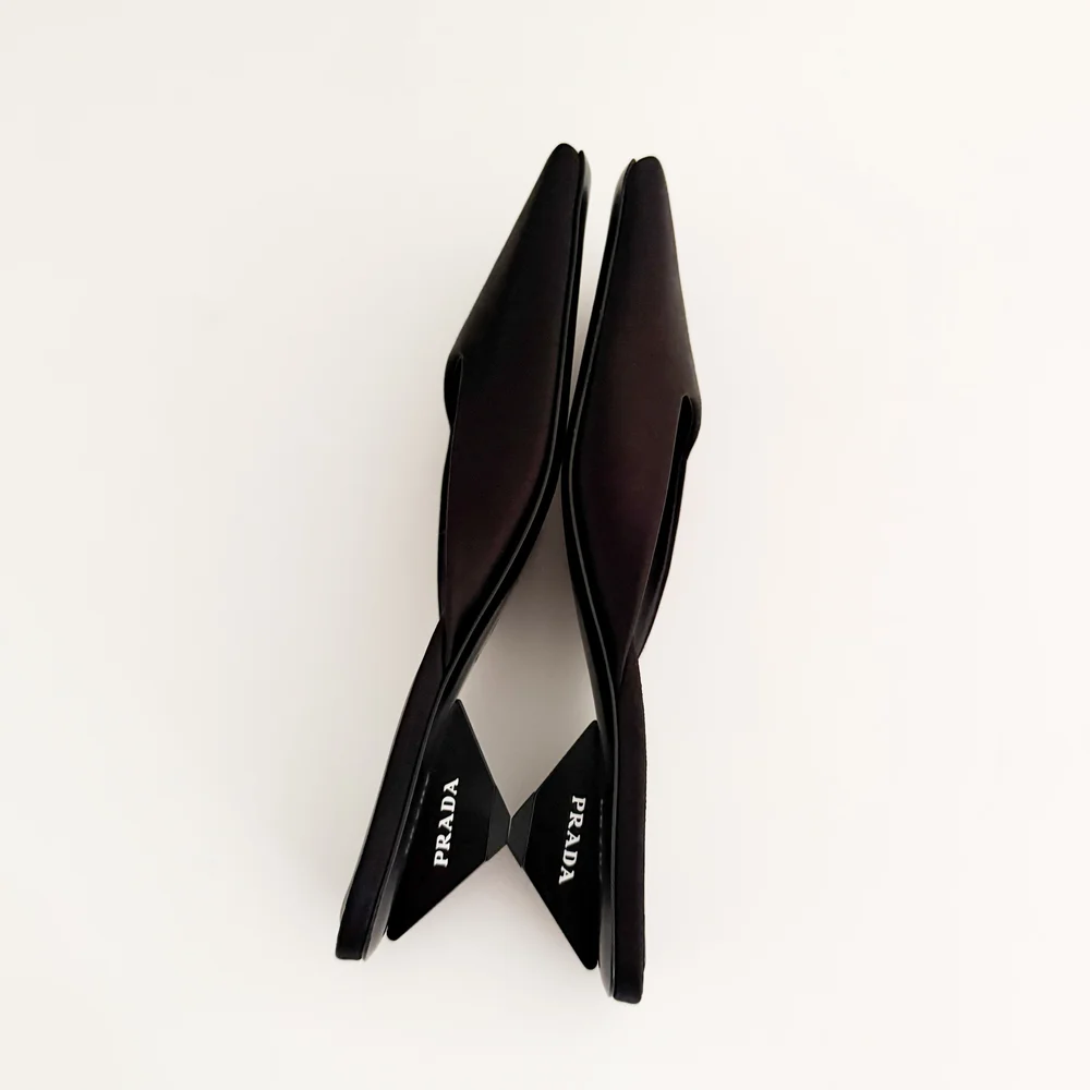 靴 Vintage Prada Heels Mules 37 1/2 Prada Black Logo Mule Heels (US 7 / IT 37) — sororité.